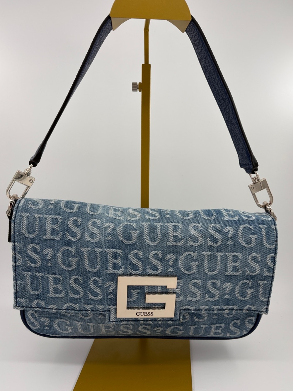 Guess Denim Logo Mini Bag in Blue with Silver Hardware